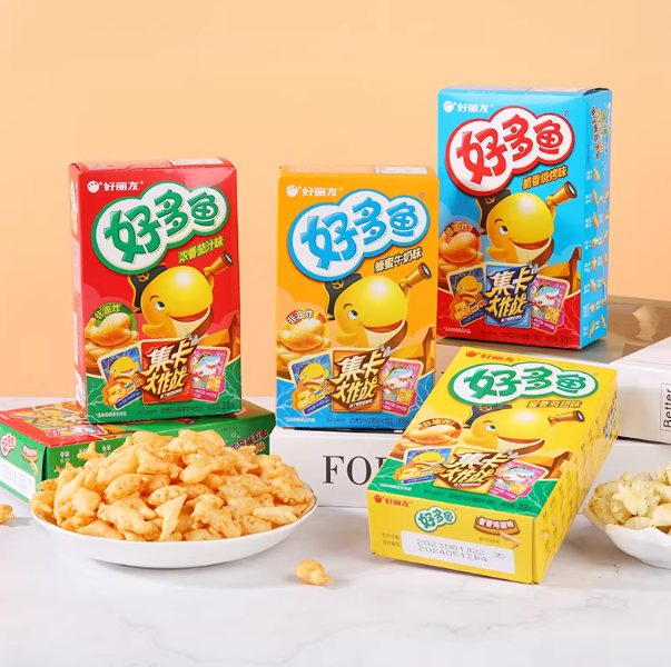 好丽友好多鱼33g儿童饼干零食品膨化小包装番茄盒装即食非油炸 