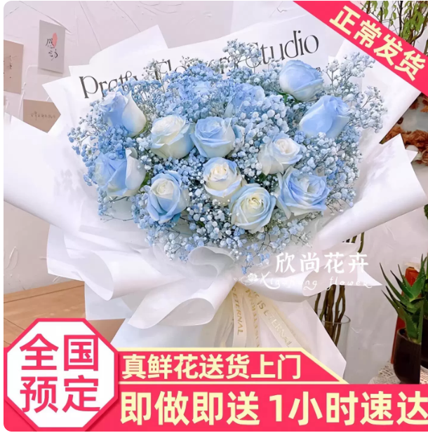 全国碎冰蓝玫瑰满天星中考毕业花束生日真鲜花速递同城男女友礼物